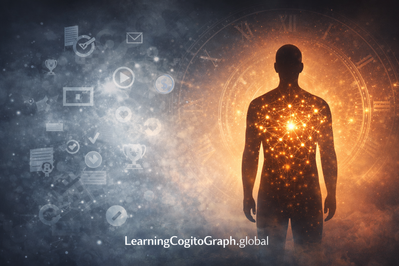 Visual metaphor showing temporary learning elements fading away while permanent capability glows within a human figure, representing temporal verification and learning persistence over time