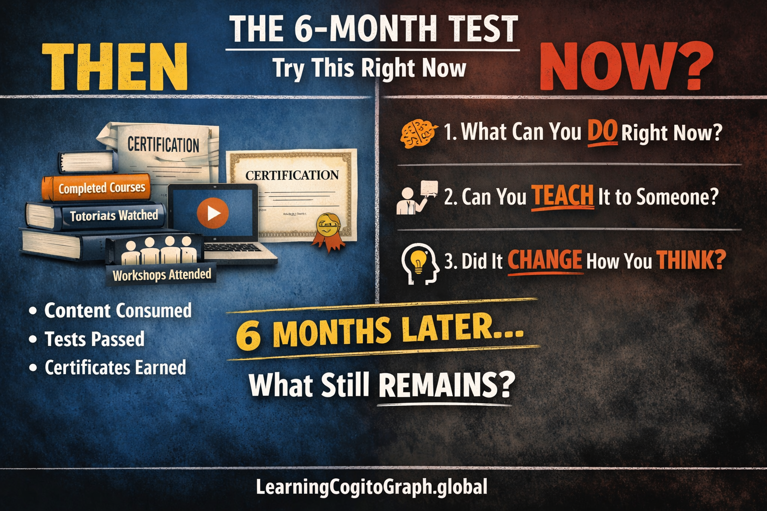 Split screen image showing the difference between completed courses and knowledge that still exists six months later
